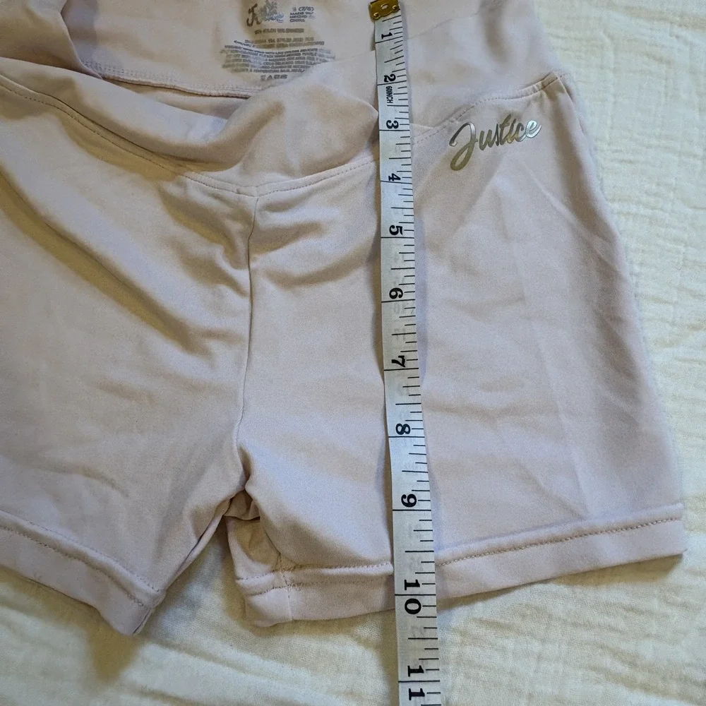 Justice Bike Shorts Crossover Waist Pink Metallic Logo Athletic Girls S 7/8